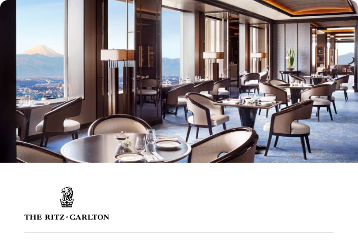Image of a dining room at the Ritz-Carlton Tokyo with a view of Mt Fuji